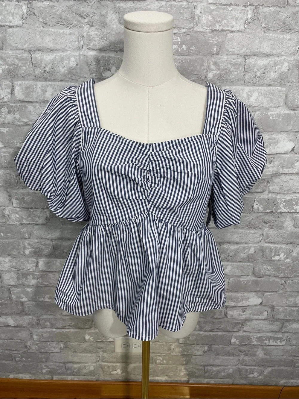 Old Navy Blue and White Striped Square-Neck Peplum Blouse